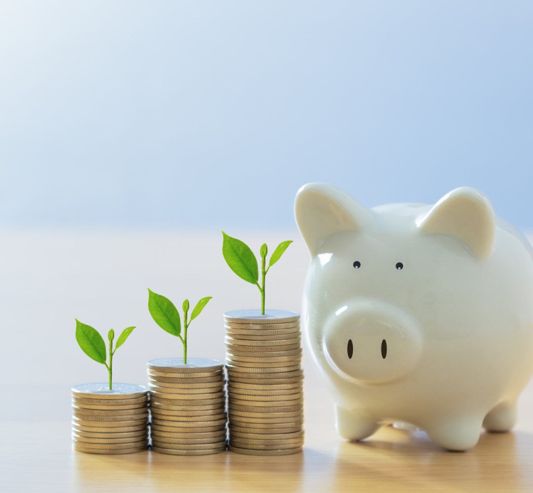 Piggy bank and growing coin stacks representing the investment in life coach training in the UK