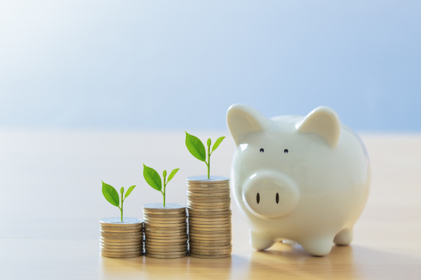 Piggy bank and growing coin stacks representing the investment in life coach training in the UK
